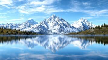 Majestic mountain range reflected in tranquil lake under clear sky photo