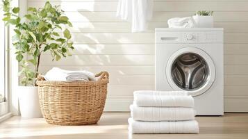 Bright and cheerful laundry room with clean towels and plants photo