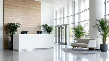 Modern reception area with sleek furniture and greenery photo
