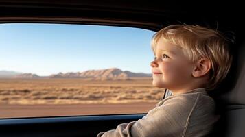 child looking out of car window, filled with wonder and joy, enjoying view photo