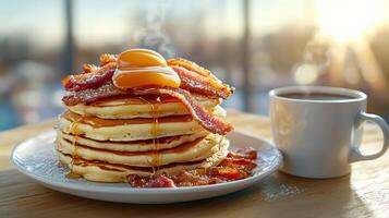 Delicious pancakes topped with bacon and eggs, served with coffee photo