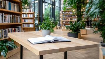 wooden table with open book and potted plant in cozy bookstore photo