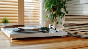cozy vintage room with turntable and stacks of vinyl records photo
