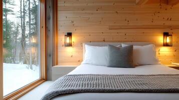 Cozy winter cabin bedroom with wooden walls and soft lighting, perfect for relaxation photo