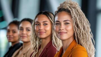 Empowered women from diverse backgrounds smiling confidently together photo