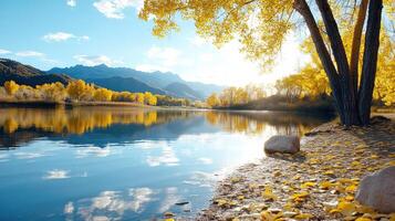Colorful fall foliage reflected in calm lake with mountains in background photo