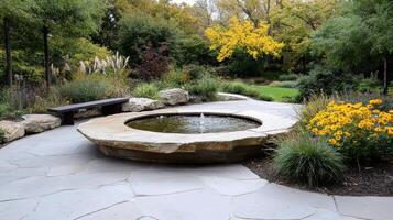serene garden featuring stone fountain surrounded by vibrant flowers and greenery photo