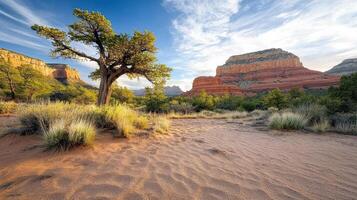 Majestic red rock formations with lone tree under blue sky photo