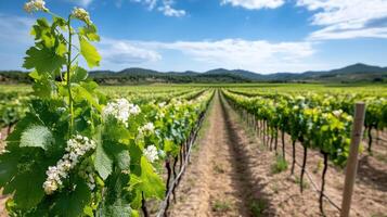 Lush vineyard in spring with rows of grapevines and blooming flowers photo