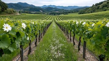Lush vineyard rows in spring with blooming flowers and mountains photo