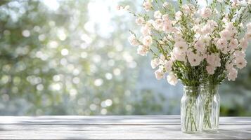 Fresh flowers in jars create serene atmosphere with soft bokeh background photo