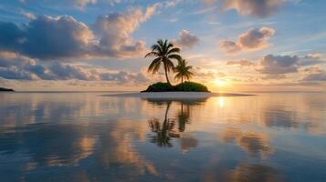 breathtaking sunset over uninhabited island with palm trees reflecting in calm waters photo