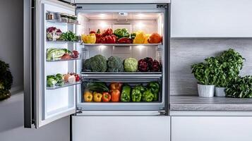 bright kitchen with refrigerator full of fresh vegetables and fruits photo