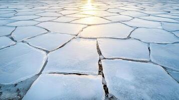 Cinematic close up of ice cracks on frozen lake at sunset, showcasing nature beauty photo