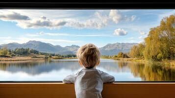 child gazes out of window in wonder, admiring serene landscape photo