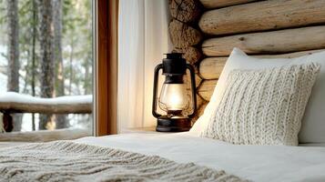 cozy old fashioned lantern illuminates rustic cabin bedroom photo