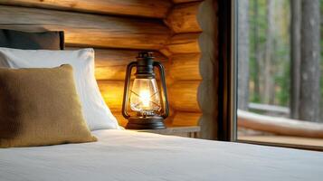 cozy bedroom featuring old fashioned lantern beside bed, creating warm atmosphere photo
