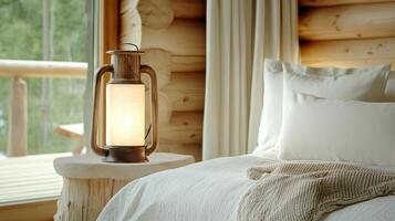 cozy bedroom featuring old fashioned lantern on wooden table photo