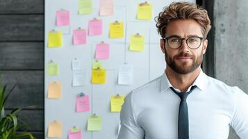 confident manager stands in front of colorful project board filled with notes photo