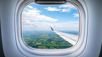 Aerial view from airplane window showcasing clear blue sky and green fields photo