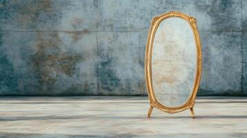 beautifully aged hand mirror with ornate golden frame, reflecting elegance photo