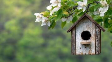 rustic birdhouse hanging on tree branch with blooming flowers photo