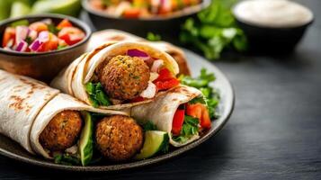 Delicious falafel wraps with fresh vegetables and vibrant toppings photo