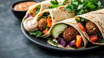 Colorful falafel wraps with fresh vegetables and sauces on plate photo