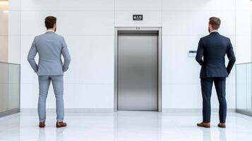 Confident businessmen waiting for elevator in modern office space photo