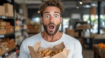 Surprised man holding box of snacks in grocery store aisle photo
