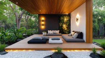 Cozy outdoor lounge with cushions, fairy lights, and greenery for relaxation photo