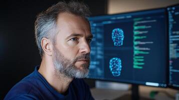 cybersecurity expert analyzing AI data on dual monitors, focused and engaged photo