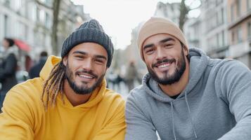 Two friends enjoying sunny day outdoors, smiling and wearing casual sweaters photo