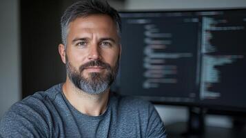 cybersecurity expert monitoring AI driven systems with focus and determination photo