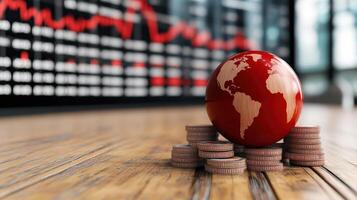 red globe on coins symbolizes economic trends and financial challenges photo