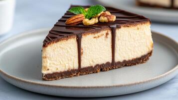 delicious slice of chocolate covered cheesecake with nuts and mint photo