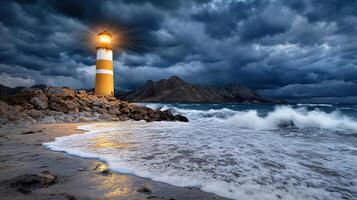dramatic night scene with lighthouse glowing brightly against stormy skies photo
