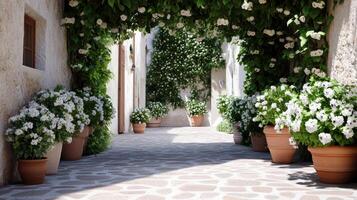 serene alley adorned with blooming white flowers and lush greenery photo