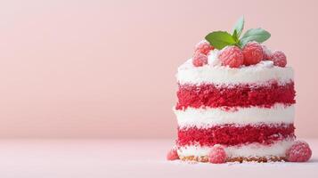 Delicious red velvet cake topped with raspberries and mint leaves photo