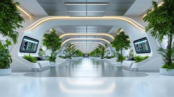 Futuristic airport interior with smart screens and greenery, showcasing modern design photo