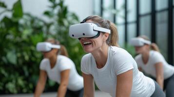 Futuristic virtual reality fitness class with participants enjoying exercise photo
