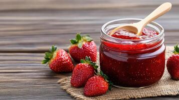 Homemade strawberry jam in glass jar with wooden spoon and fresh berries photo