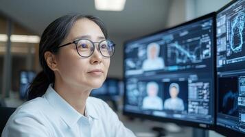 focused woman working in modern office with multiple screens displaying data photo
