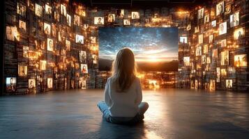 young girl sits in futuristic room, captivated by large screen displaying scenic view photo