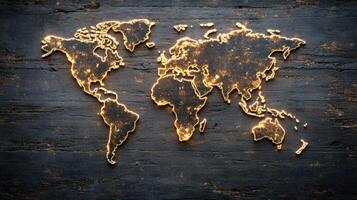 global map with illuminated borders on dark wooden background, symbolizing economic zones photo