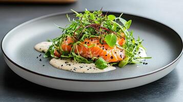 Artfully plated gourmet salmon dish with microgreens and sauce photo
