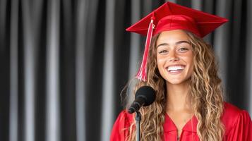 Graduation ceremony with smiling female valedictorian in red cap photo