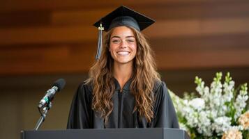 joyful female graduate in cap and gown smiles during ceremony photo