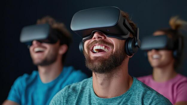 Group of friends enjoying virtual reality experience with laughter and excitement photo