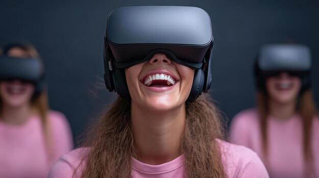 group of friends enjoying multiplayer VR experience with laughter photo